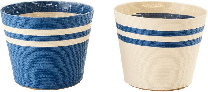 J-Line bloempot Gestreept - papier - wit/blauw - extra large - set van 2