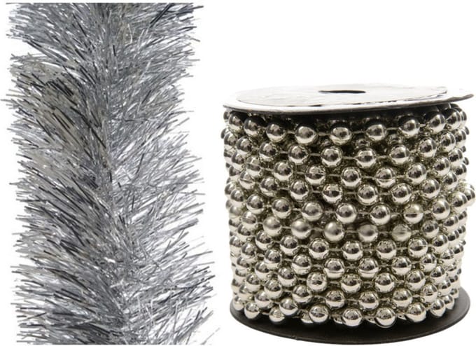Kralenslinger 10 m met folie slinger 2,7 m - zilver - kerstslingers
