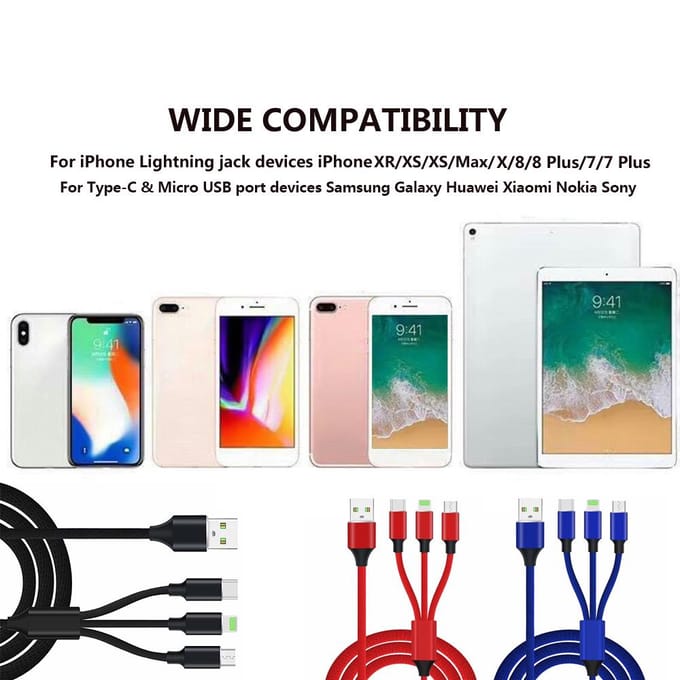 3 in 1 Oplaadkabel Snel Opladen Kabel Gegevens Compatibel met iOS/Android Apparaten zwart