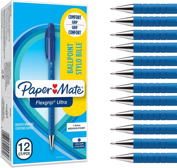 Paper Mate Flexgrip Ultra Capped-balpennen | Medium Punt (1,0 mm) | Blauw | 12 stuks