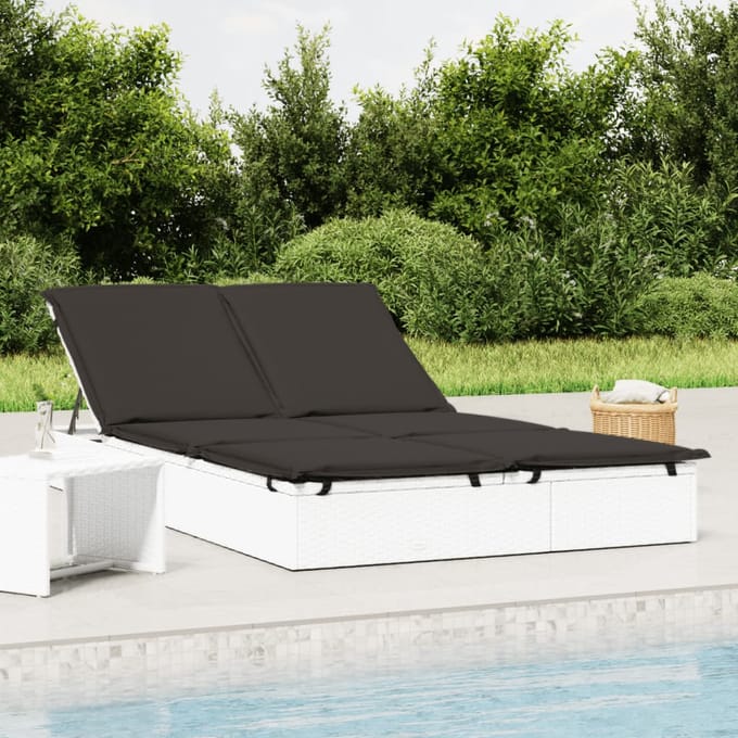 vidaXL - Ligbed - met - kussens - 2-persoons - poly - rattan - wit