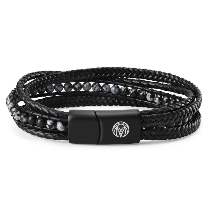 Naxos Leren Armband met Sneeuwvlok Obsidiaan