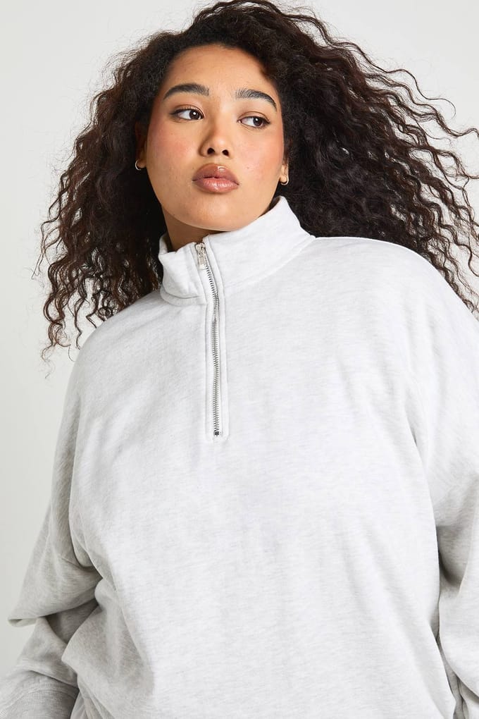 boohoo Dames Plus Oversized Half Zip Sweatshirt | Grey Marl | Maat: 18