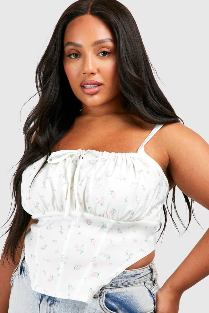boohoo Dames Plus Tie Front Ditsy Korset Top | Lemon | Maat: 28