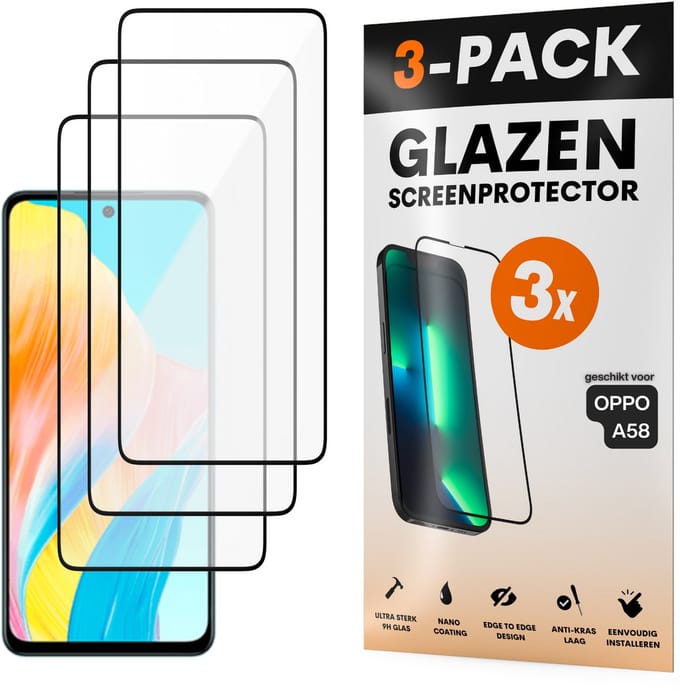 Screenprotector - Geschikt voor OPPO A58 - Gehard Glas - Full Cover Tempered Glass - Case Friendly - 3 Pack