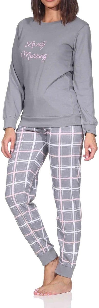 Normann damespyjama met lange mouwen en geruite jersey broek