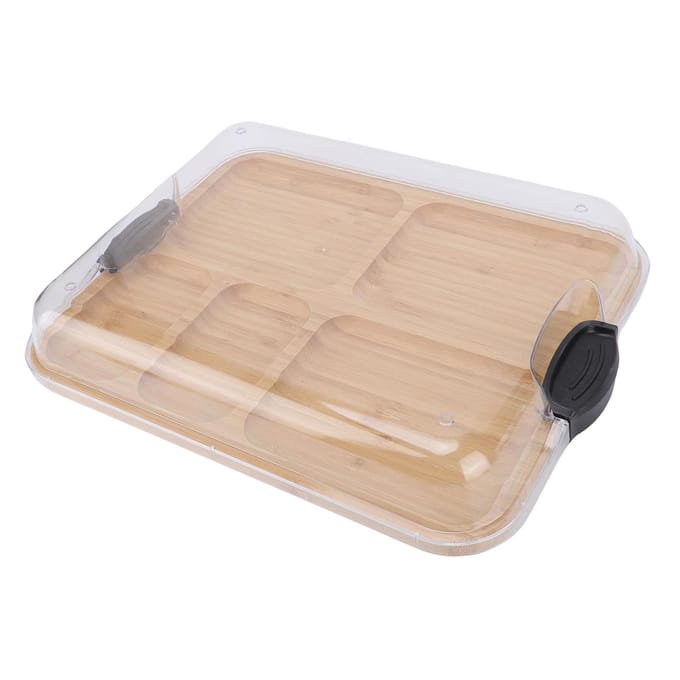 Charcuterieplank met Transparant Deksel 5 Vakken Houten Kaasplank voor Serveren Picknicks beige