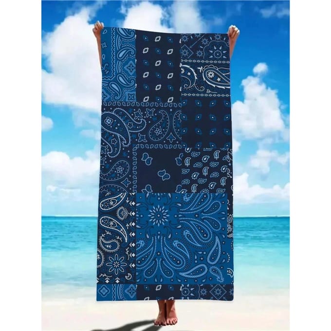 Serviette de Plage Patchwork Bleu Bohème Séchage Rapide Légère Respirante Confortable Pour l'Été Utilisation Extérieure 50x100cm