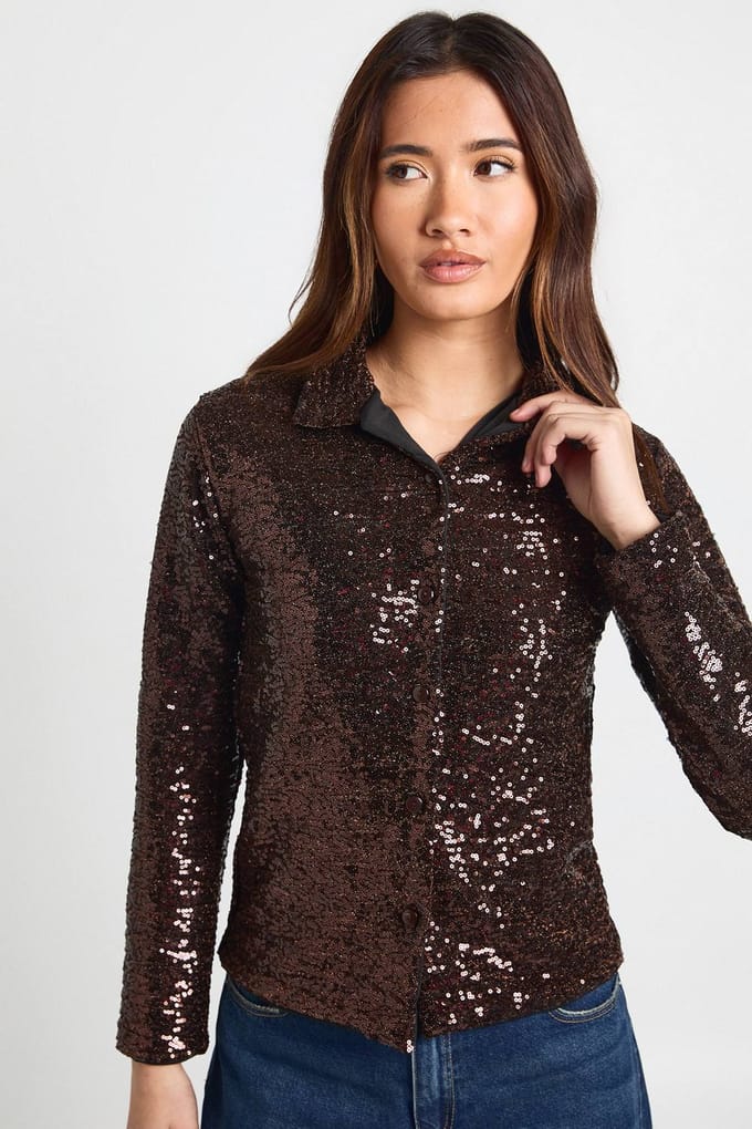 boohoo Dames Pailletten Oversized Doorknoop Shirt | Chocolate | Maat: 6