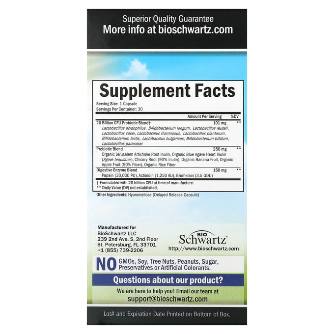 BioSchwartz, force avancée, prébiotique + probiotique, 20 milliards d'UFC, 30 capsules végétales