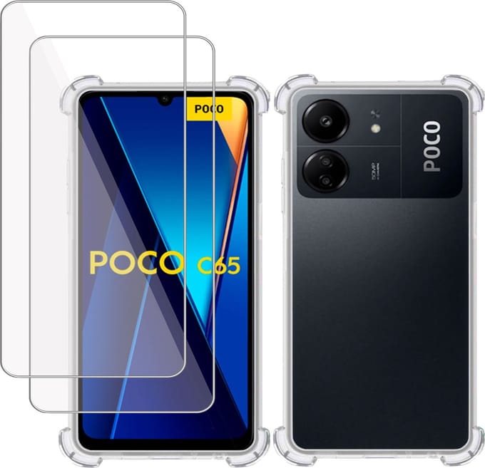 Hoesje + 2x Screenprotector geschikt voor Poco C65 – Tempered Glass - Extreme Shock Case Transparant