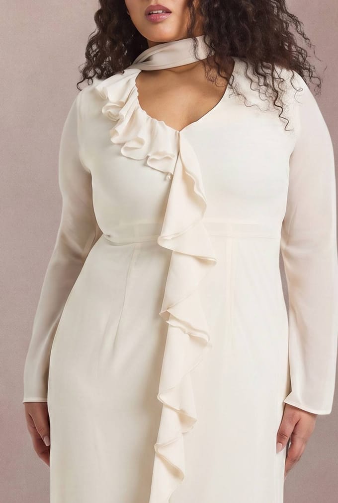 boohoo Dames Plus Maxi Jurk Met Ruche Voornaad En Sjaaldetail | Ecru | Maat: 48