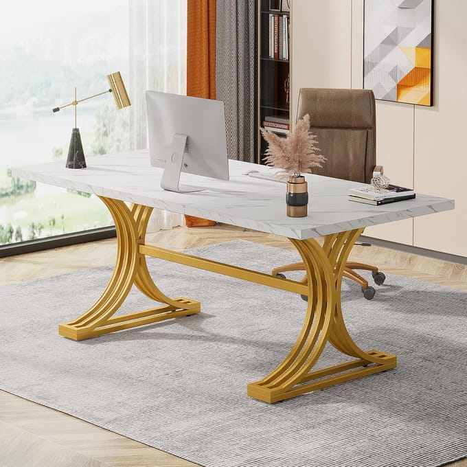 Tribesigns Bureau - Computerbureau - Computer Tafel - Bureautafel met Gouden Poten - 160 x 80 x 75 cm - Metalen Frame - Wit & Goud