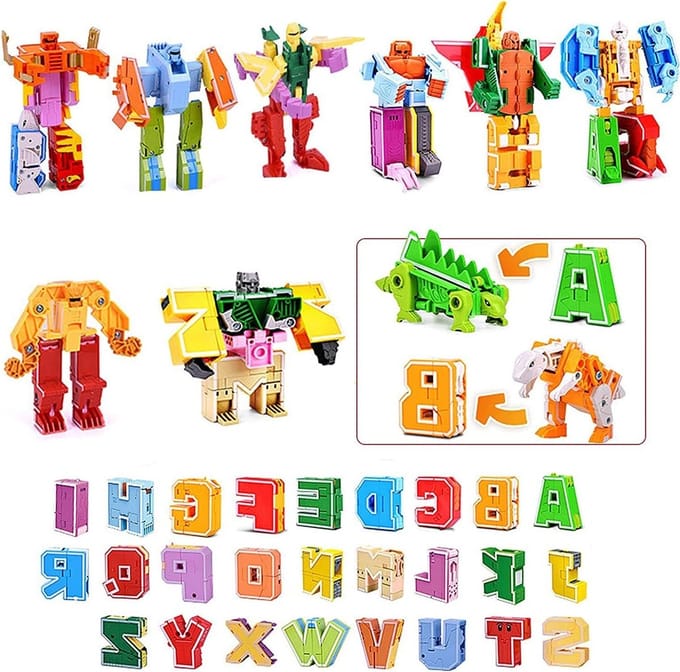 26-delige Alfabet Speelgoedset met Transformerende Dinosaurus en Robot, Educatief Speelgoed voor Kinderen, Creatieve Constructie en Leerervaring