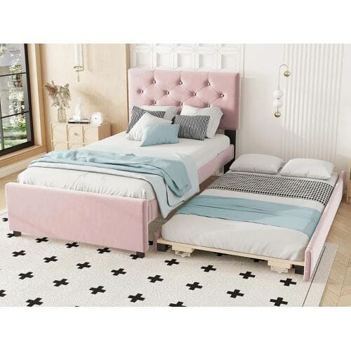ModernLuxe Eenpersoons fluwelen bed met uitschuifbaar bed 90x200cm - Roze