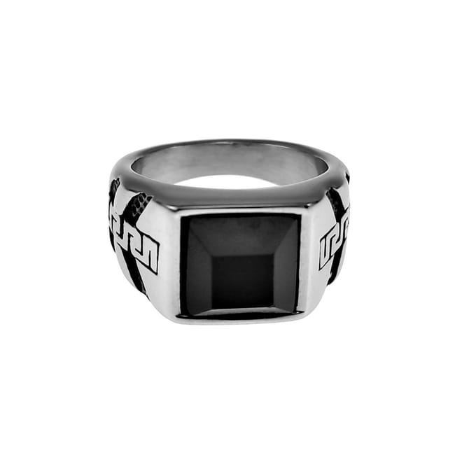 Zegelring Heren - Gepolijst RVS - Grieks Desing - Ring met Onyx