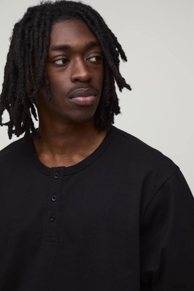 Basic Henley T-shirt Met Relaxed Fit | Black | Size XS