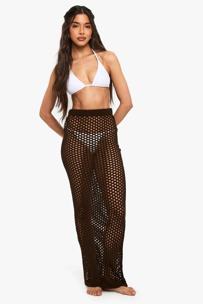 boohoo Dames Strand Haken-gebreide Maxi Rok | Chocolate | Maat: Small