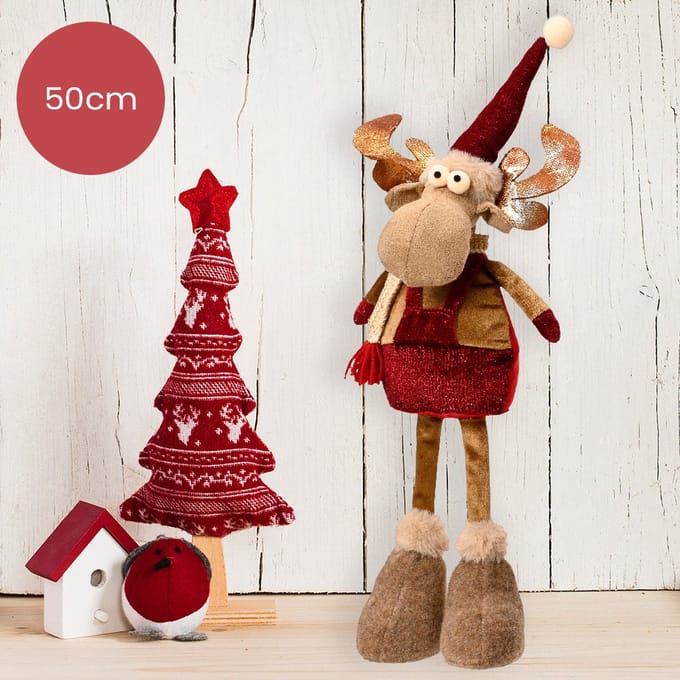 Polyester rendier bruin met rode muts - 50cm