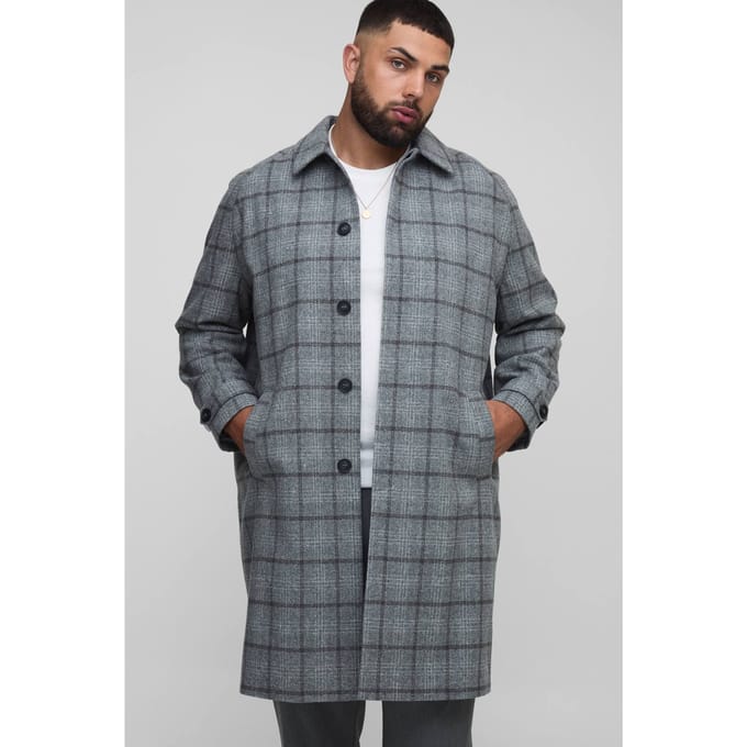 Plus Regular Fit Raglan Single Breasted Check Collar Buckle Car Coat | Grey | Size 2XL