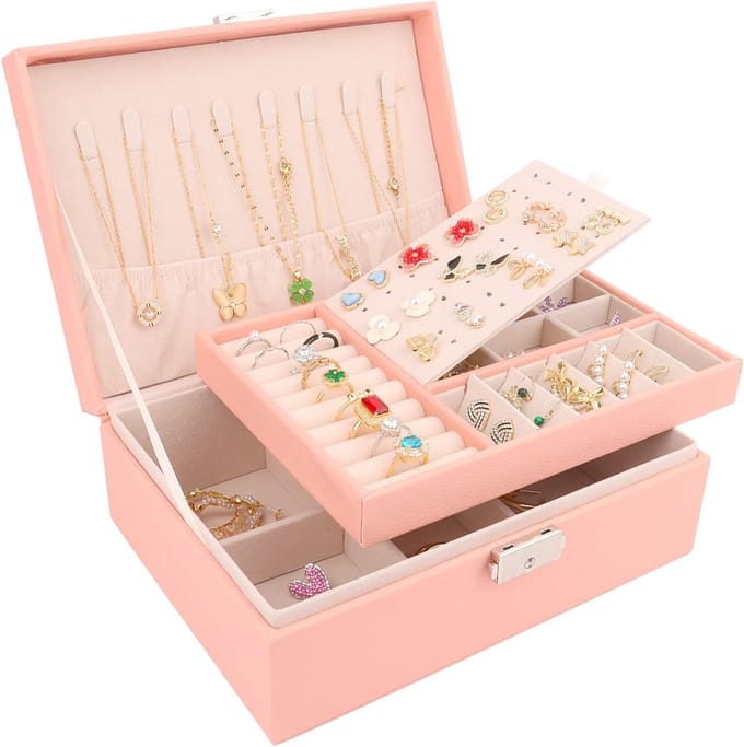 Famanu - Sieradendoosje voor dames, 2 lagen, sieradenorganizer