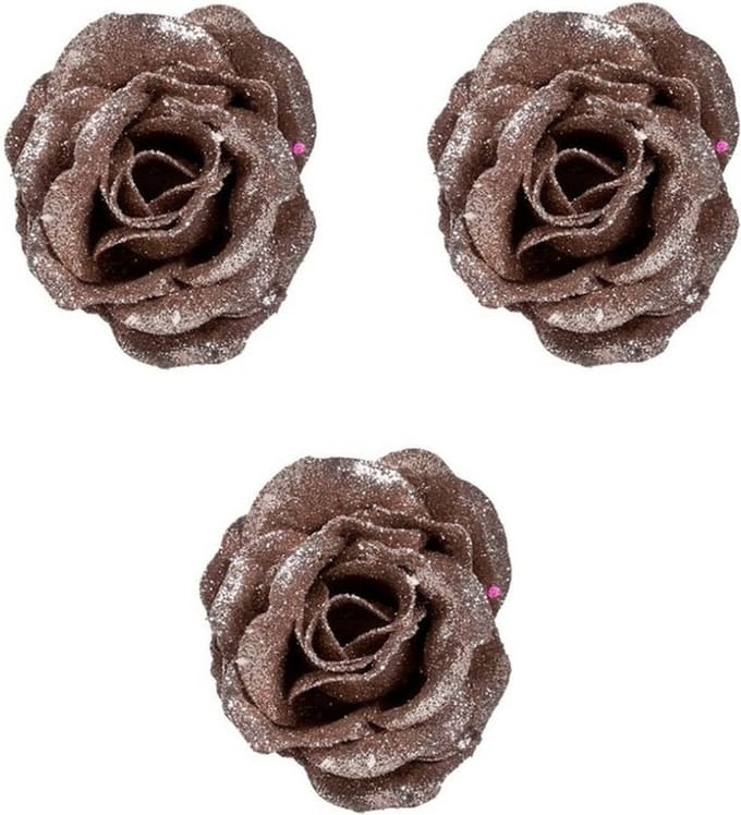 3x Oud roze roos met glitters op clip 7 cm - kerstversiering