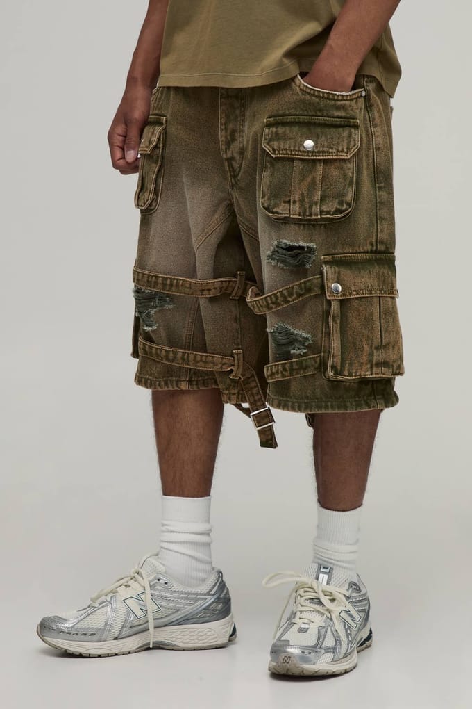 Parachute Extreme Gewassen Multi Cargo Gescheurde Shorts | Washed Khaki | Size 38