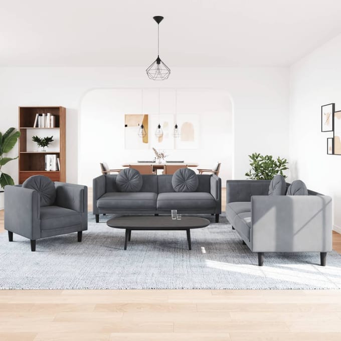 vidaXL - 3-delige - Loungeset - met - kussens - fluweel - donkergrijs