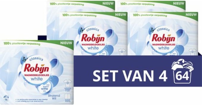 Robijn - Wasmiddeldoekjes Stralend Wit - 4 x 16 stuks - Voordeelverpakking