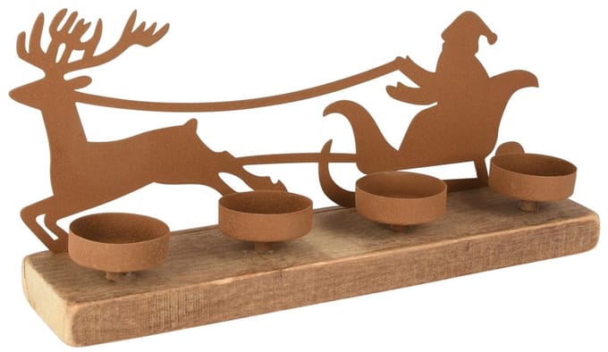 Dekoratief | Theelichthouder m/santa in slee, roest, metaal/hout, 32x8x16cm | A255605