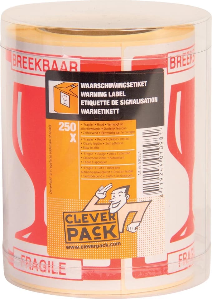 Waarschuwings-etiket CleverPack "breekbaar" 80x100mm rood - 2 x 250 stuk