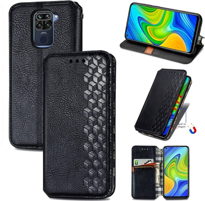 Luxe PU Lederen Ruitpatroon Wallet Case + PMMA Screenprotector voor Xiaomi Redmi Note 9 4G _ Zwart