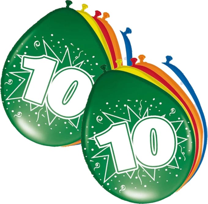 Folat Verjaardag leeftijd ballonnen 10 jaar - 16x - multi - 30 cm - feestartikelen/versieringen