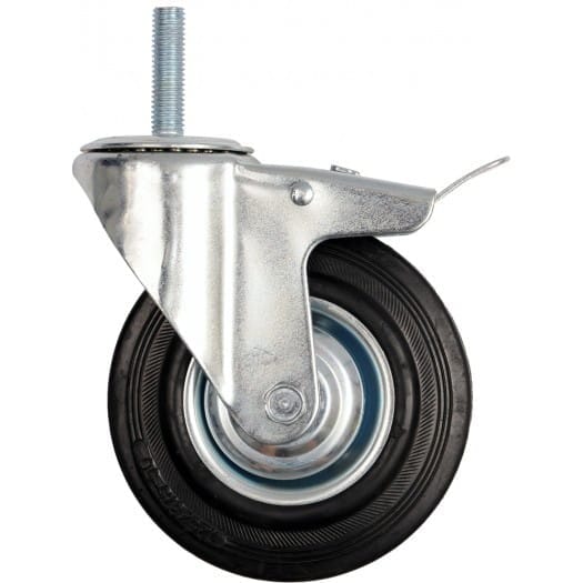Zwenkwiel 125mm met Rem, M12 Schroefdraad, 100kg Draagvermogen