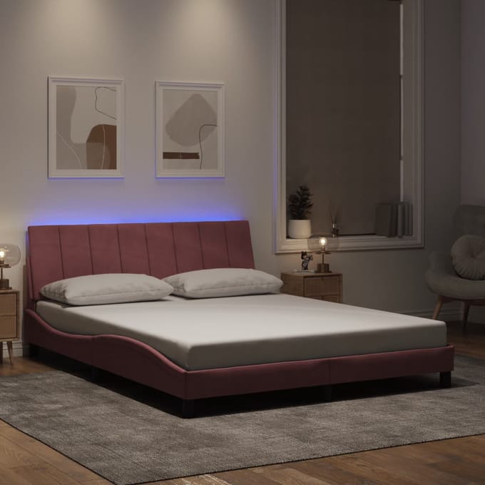 vidaXL - Bedframe - met - LED - zonder - matras - "Hanko" - - fluweel - roze - 160x200 - cm