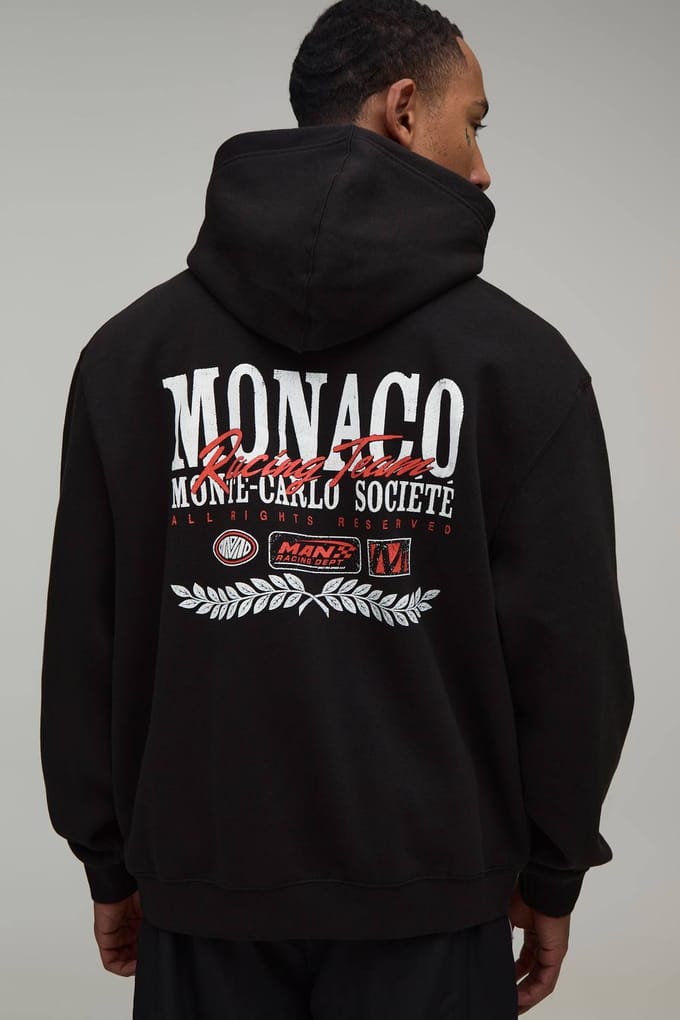 Zwarte Oversized Monaco Moto Print Hoodie | Black | Size Medium