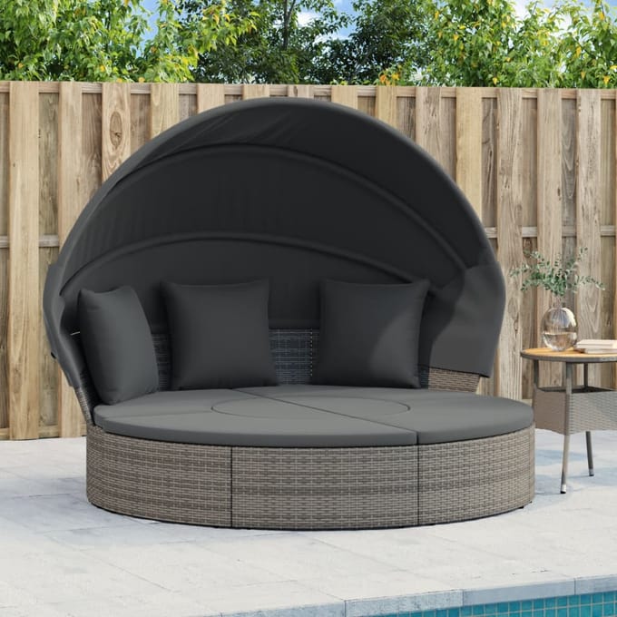 vidaXL - Loungebed - met - luifel - en - kussens - poly - rattan - grijs