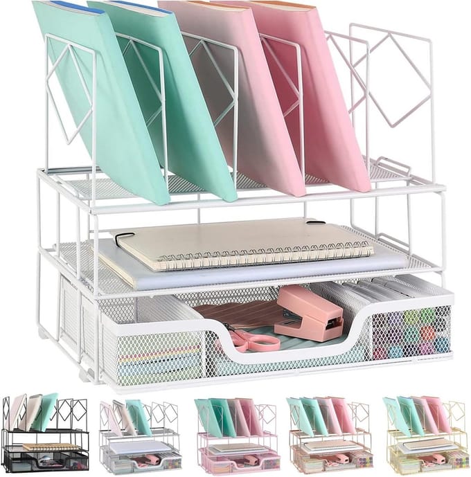 Bureau Organizer met Schuiflade en 5 Verticale Vakken - Wit