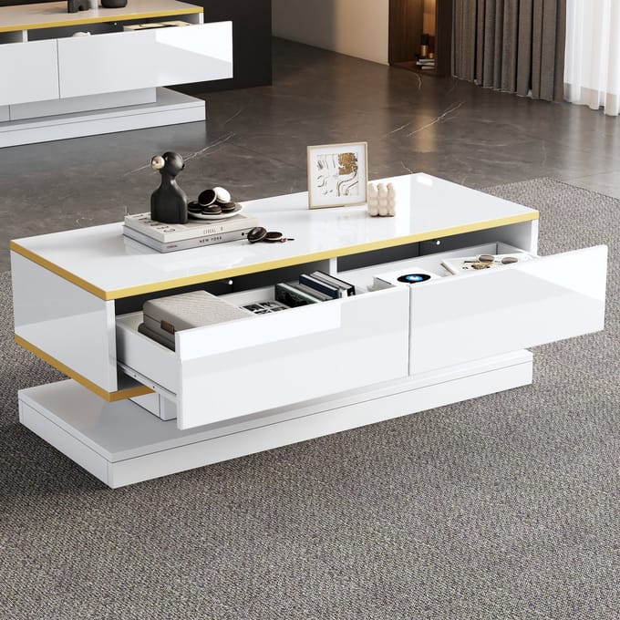 Salontafel - 100 x 50 x 38 cm - Met 2 Laden - Hoogglans met Gouden Rand - Warm Wit
