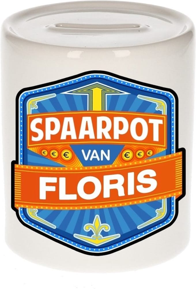 Bellatio Decorations Kinder spaarpot met naam - Floris - keramiek - met dop - wit - Sparen - Spaargeld van Floris