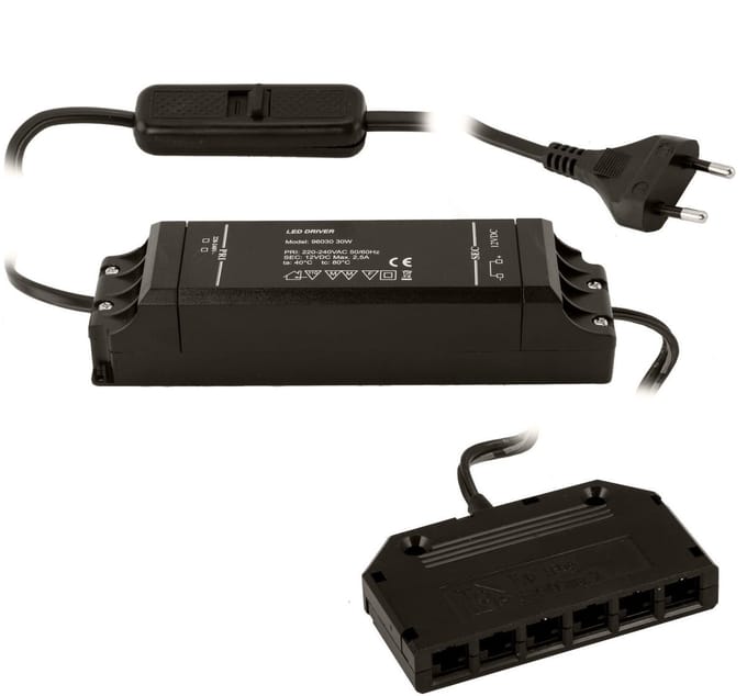 SOTECH transformator 220 - 240V 12V/30W met schuifschakelaar en 6-voudige verdeler