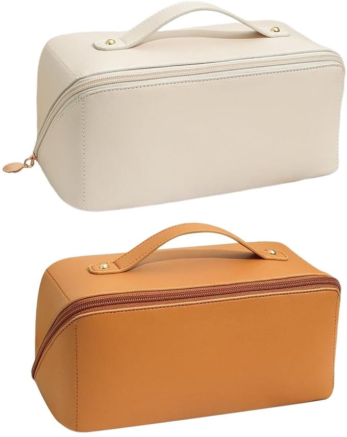 Dailygoody - Set van 2 Make-uptassen - Multifunctionele Tas - Grote Capaciteit - Wit en Bruin - Handige Make-uptas - Perfect voor Reizen en Thuisgebruik