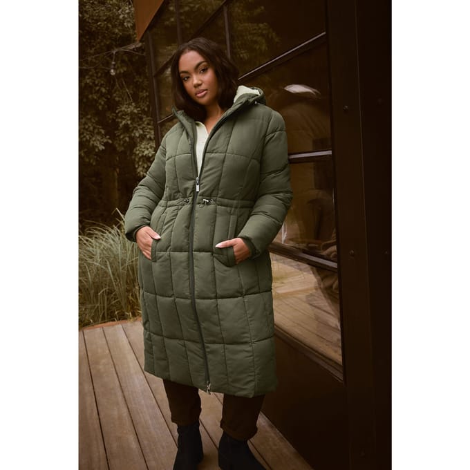 Yours Khaki Groene Gewatteerde Midi Pufferjas Size 42