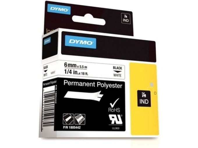 DYMO Rhino industriële labels | Permanent Polyester | 6 mm x 3,5 m | zwarte afdruk op wit | zelfklevende labels voor Rhino & LabelManager labelprinters