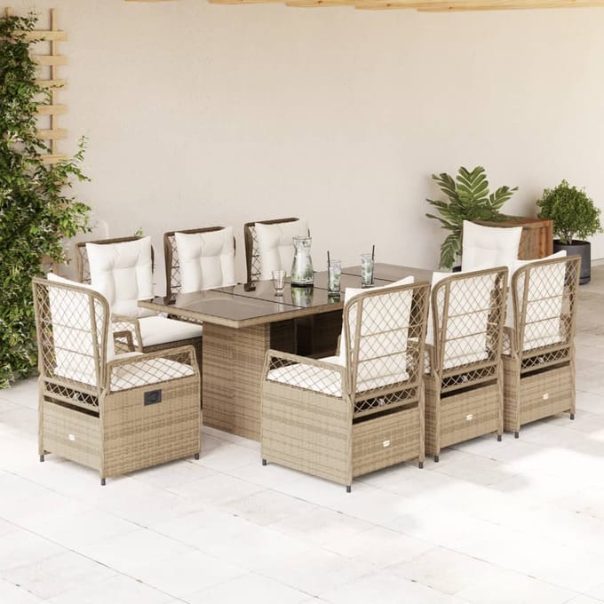vidaXL - 9-delige - Tuinset - met - kussens - poly - rattan - beige
