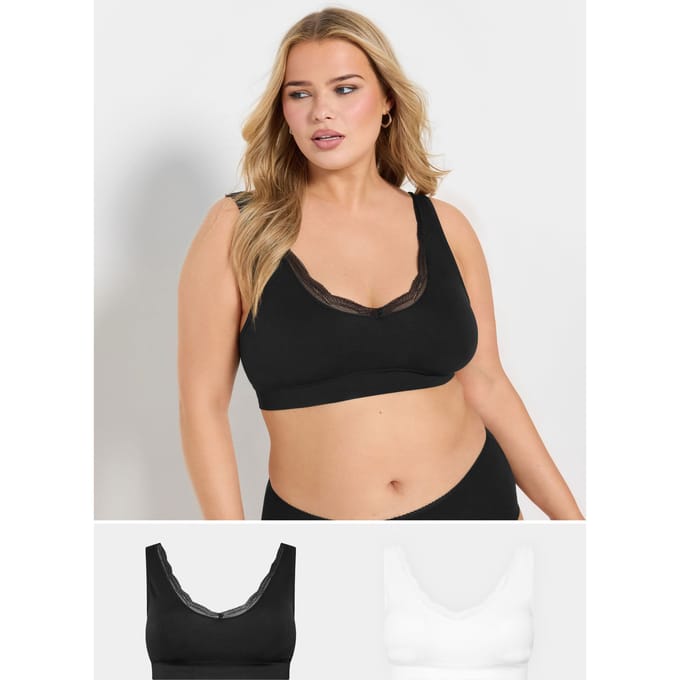 Yours 2 Pack Bralettes Met Kanten Rand In Zwart/Wit Size 62-64