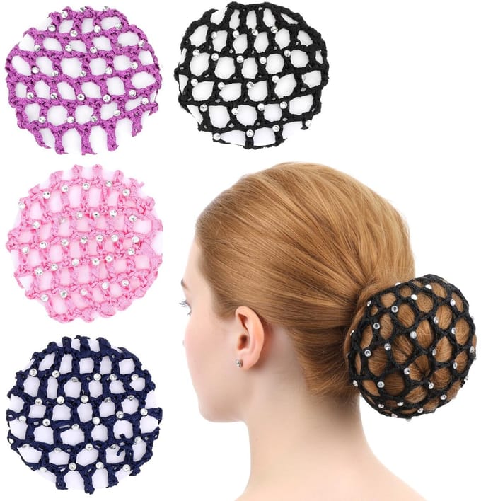 Dailygoods- Haarnetje set van 4 - Elastisch haarnet - Strassteentjes - Kapsel fixeren - Duurzaam polyester - 10 cm groot - Perfect voor optredens - Knotnet