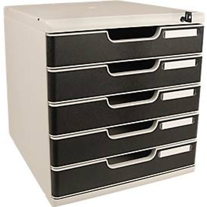 Ladebox MODULO, formaat A4+, 5 afsluitbare lades, gesloten, verzonken greep & etikethouder, 2 sleutels, kunststof, grijs