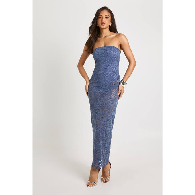 boohoo Dames Fluweel kanten bandeau maxi-jurk | Blue | Maat: 12