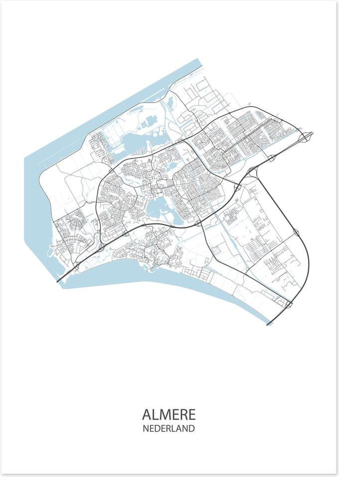 De Lange Koe Poster - Almere Plattegrond - 42 X 29.7 Cm - Wit
